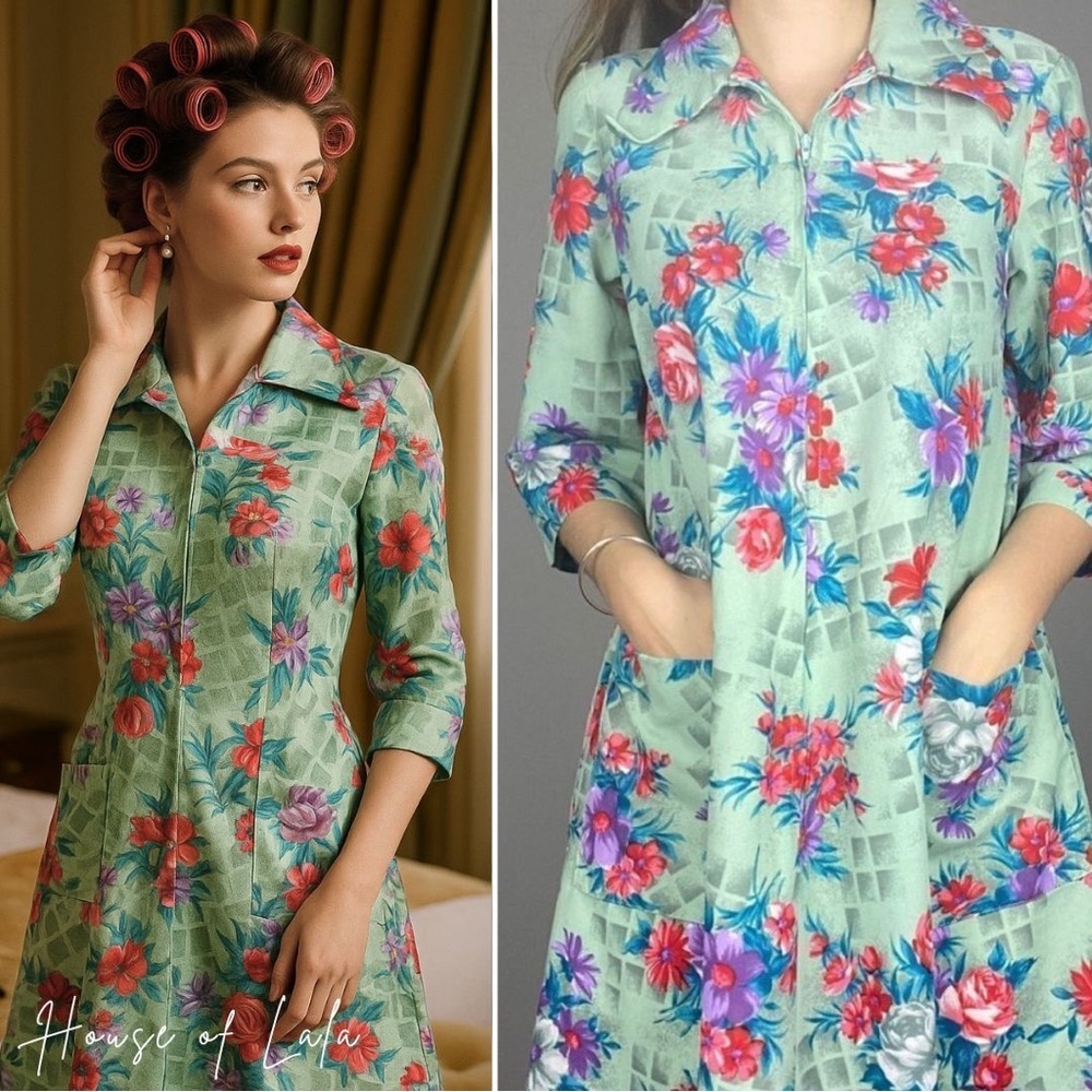 Vintage 70s Mint Green Floral House Dress Casual Summer Dress